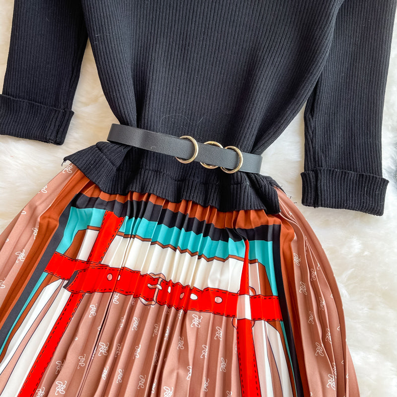 Stand neck knit patchwork contrast Pleated Dress  3355