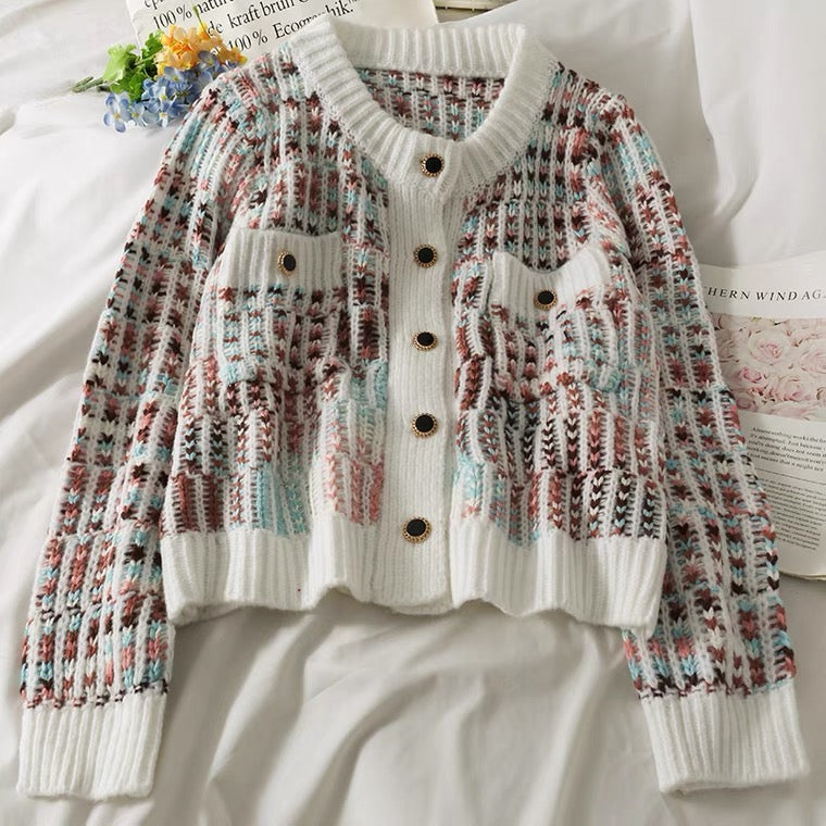 Loose crew-neck knit, striped single-breasted cardigan long-sleeved top  1445
