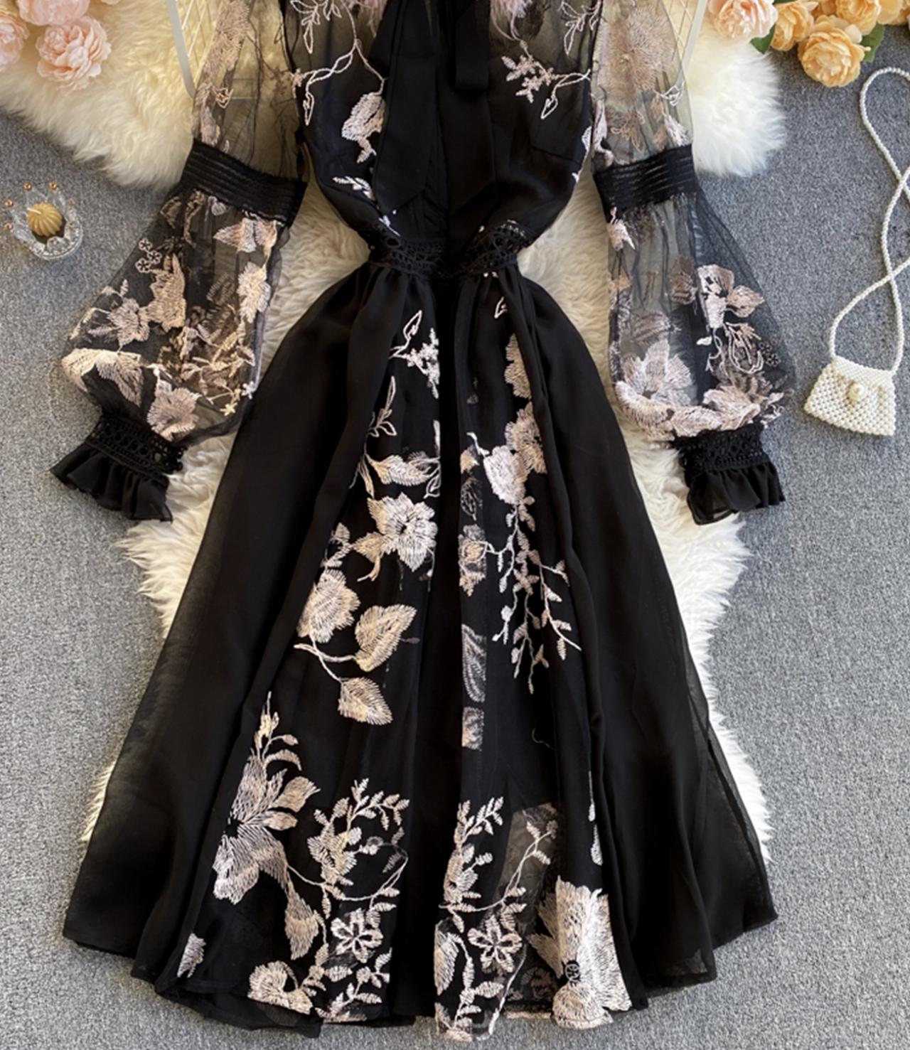 Unique A line embroidery dress black dress  1308