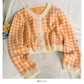 Korean retro color block check short loose knit women's shirt  1815