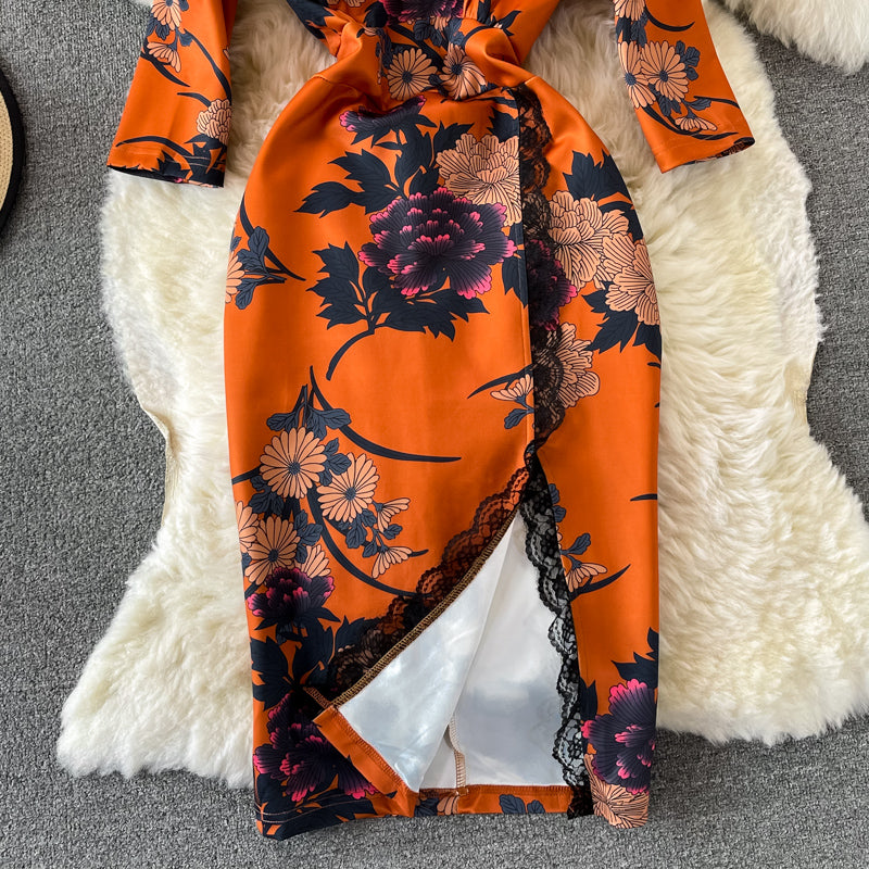 Split cheongsam lace stitched stand collar dress  3244