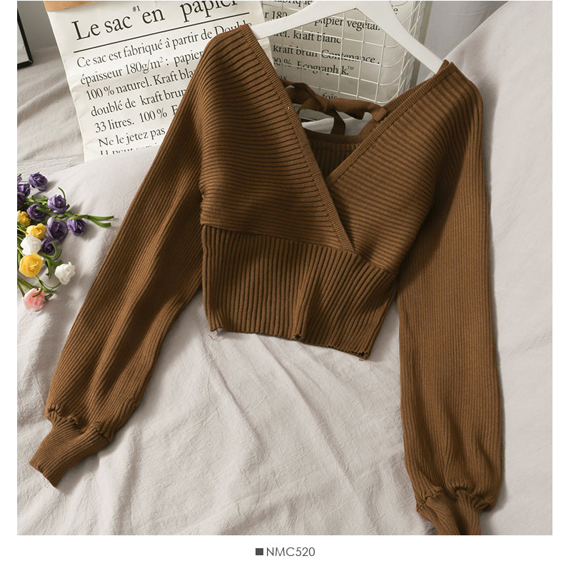 Women's Cross V-Neck long sleeve short waist knit  1698