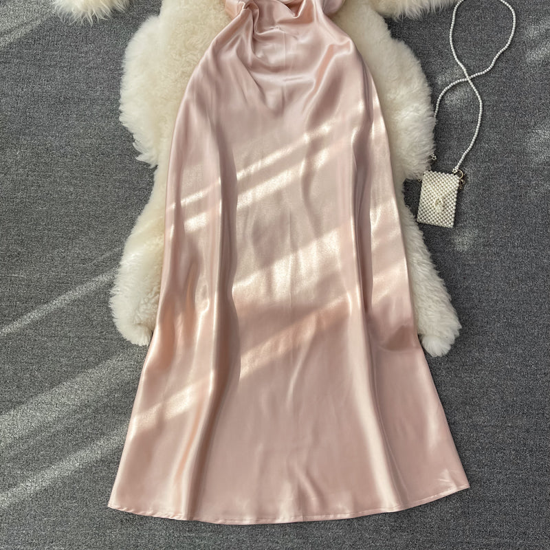 Sexy slant shoulder single side off shoulder slim Satin Dress  3337