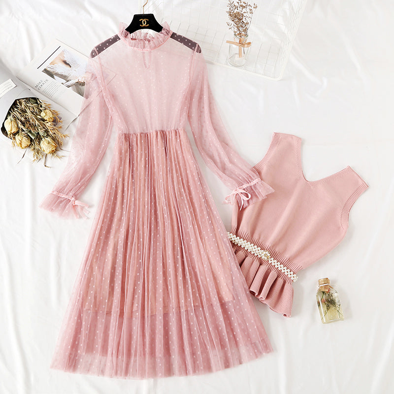 Knee Skirt vest suit two piece set super sweet  2289