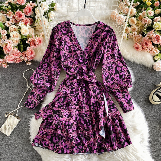 Temperament bandage waistband slim floral skirt A-line skirt  3150