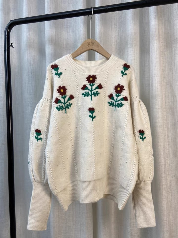 Temperamentblumenpullover, Vintage, Jacquard-Pullover mit Laternenärmeln, Herbst-Oberbekleidungsoberteil 1409