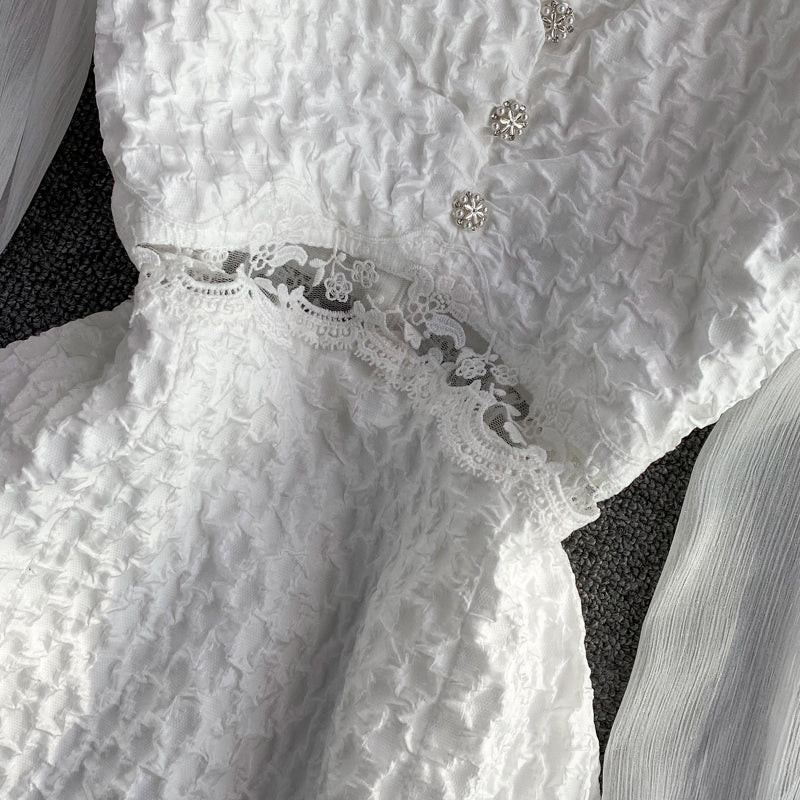Jacquard-Kleid mit eckigem Ausschnitt und Laternenärmeln Feenrock in A-Linie 3238