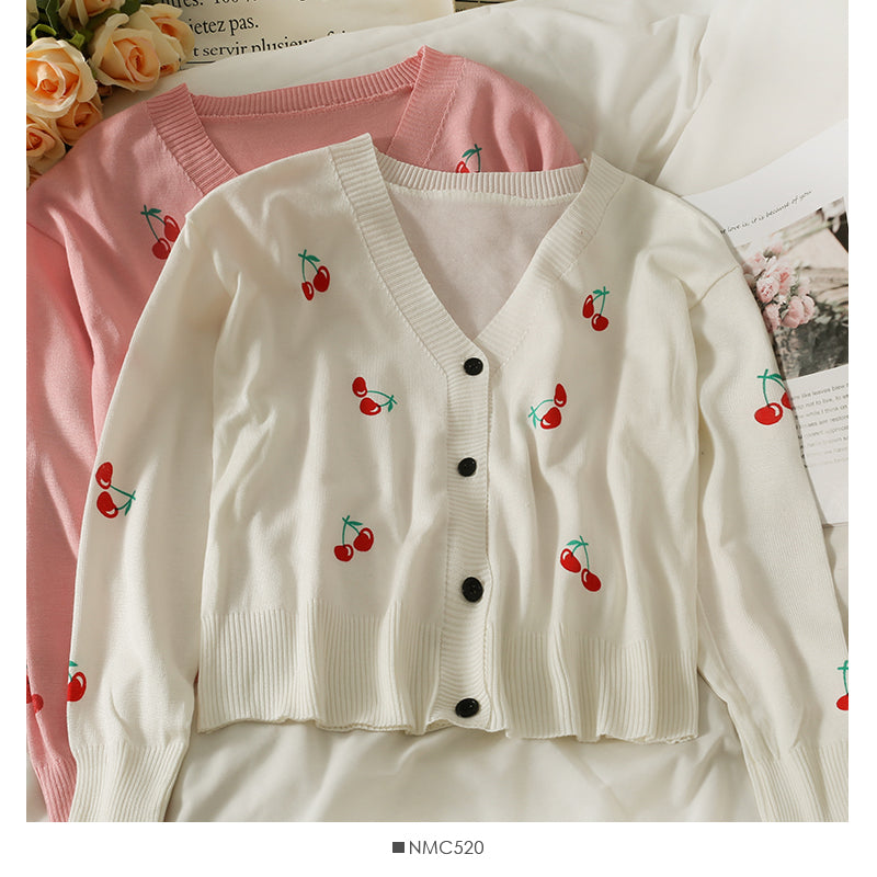 Small fresh cherry print V-neck single breasted slim cardigan sweater  1826