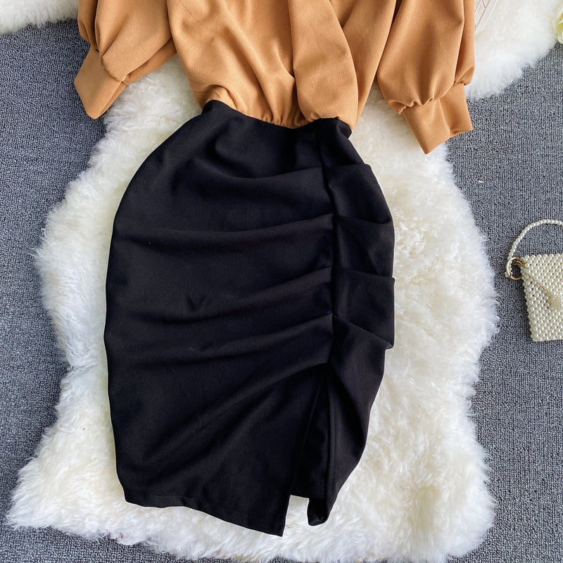 Pleated waist with thin design and color blocking dress  3421