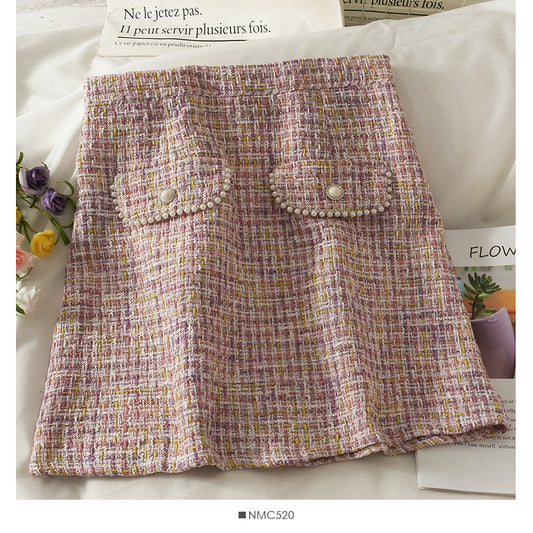 Jupe portefeuille taille haute en tweed à carreaux rétro de style Hong Kong pour femme 2539