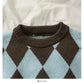 Vintage color blocking diamond check crew neck short Pullover Sweater  1878