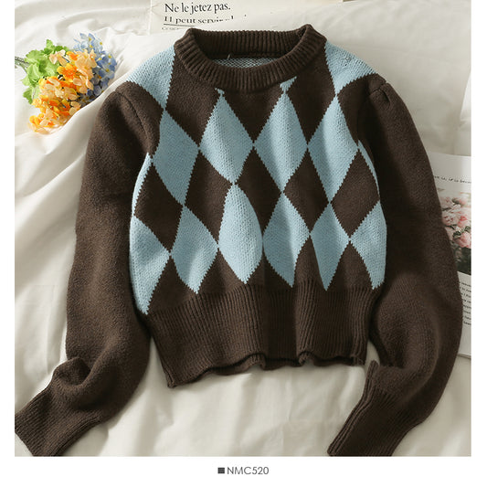 Vintage color blocking diamond check crew neck short Pullover Sweater  1878