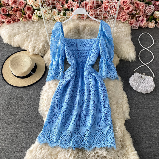 Lace cut-out foreign style bubble sleeve slim dress  2891