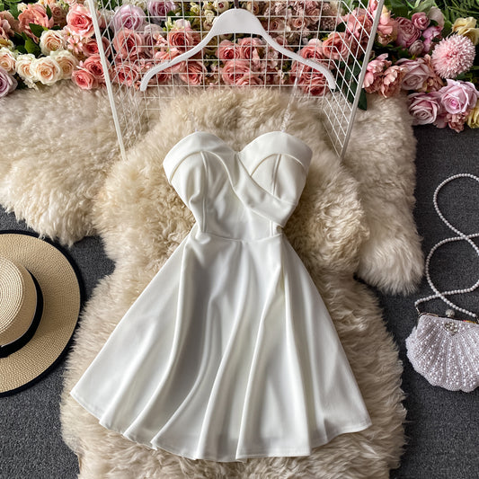 Robe à bretelles coupe basse sans bretelles, jupe trapèze 2928