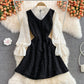 Sweet aging lace stitching stand collar Ruffle tweed dress  2919