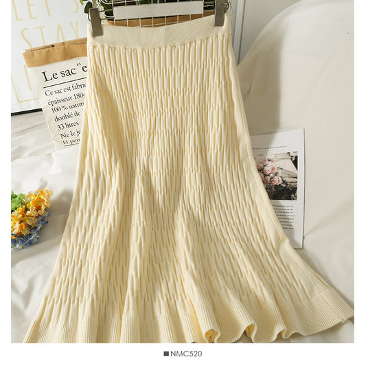 Korean stripe high waist thin solid color versatile knitted skirt  2648