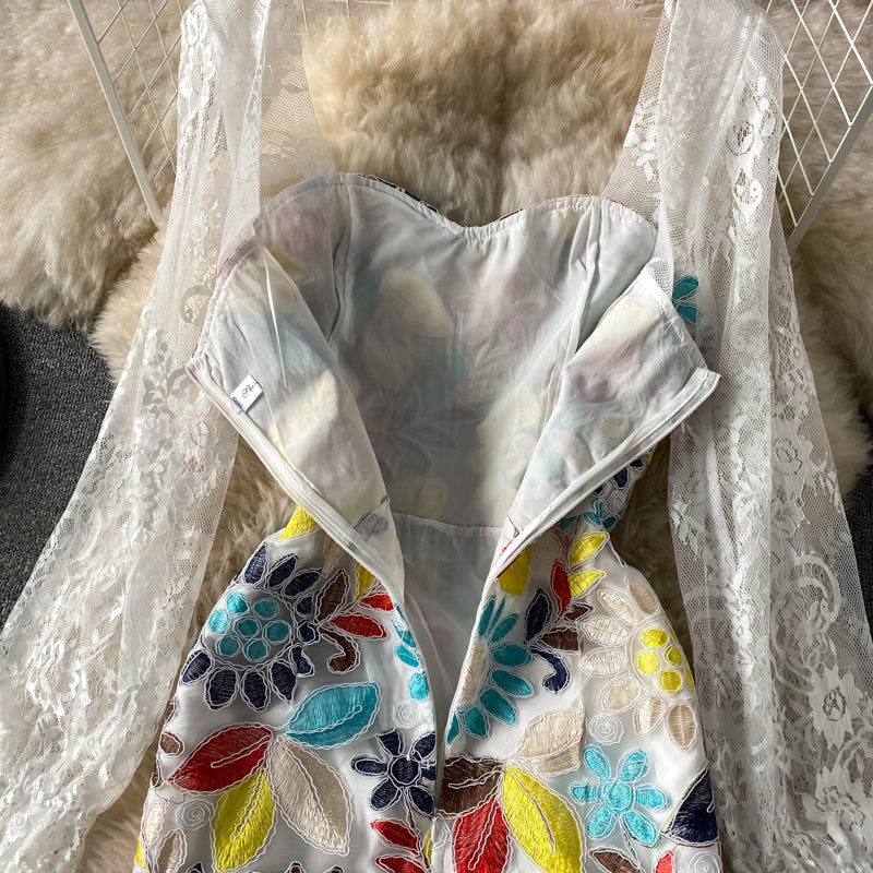 Slim temperament square neck lace embroidered split dress  3418