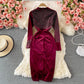 Hot drill velvet dress long skirt waist closing slim cut Hip Wrap Dress  3235