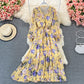 Long sleeve Vintage V-neck Floral Chiffon Dress  3322