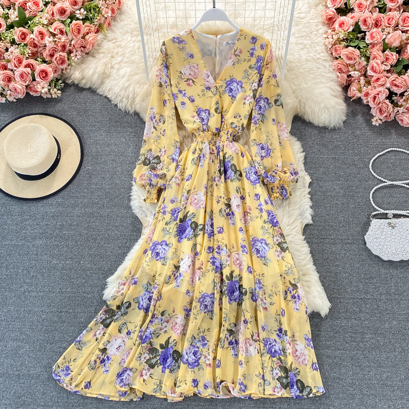 Long sleeve Vintage V-neck Floral Chiffon Dress  3322