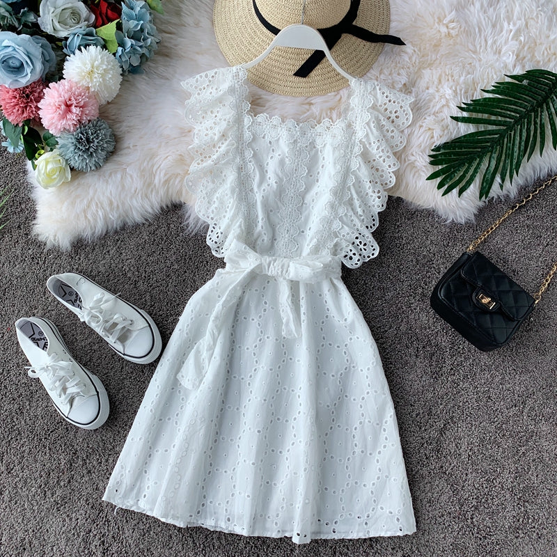 Vintage Lace square neck waist slim dress  2827