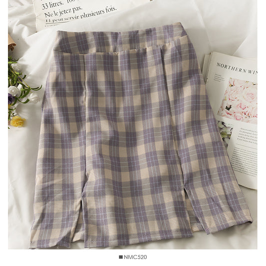Retro simple versatile Plaid split casual A-line skirt  2645