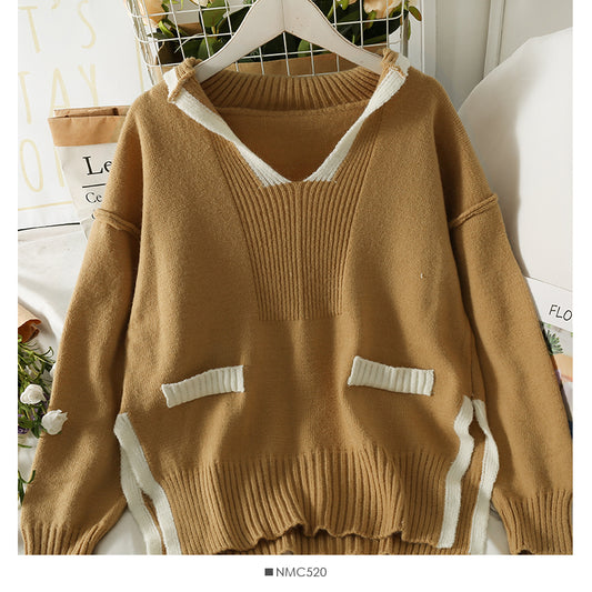 Korean color blocking stripe split loose thin V-Neck Sweater female  2000