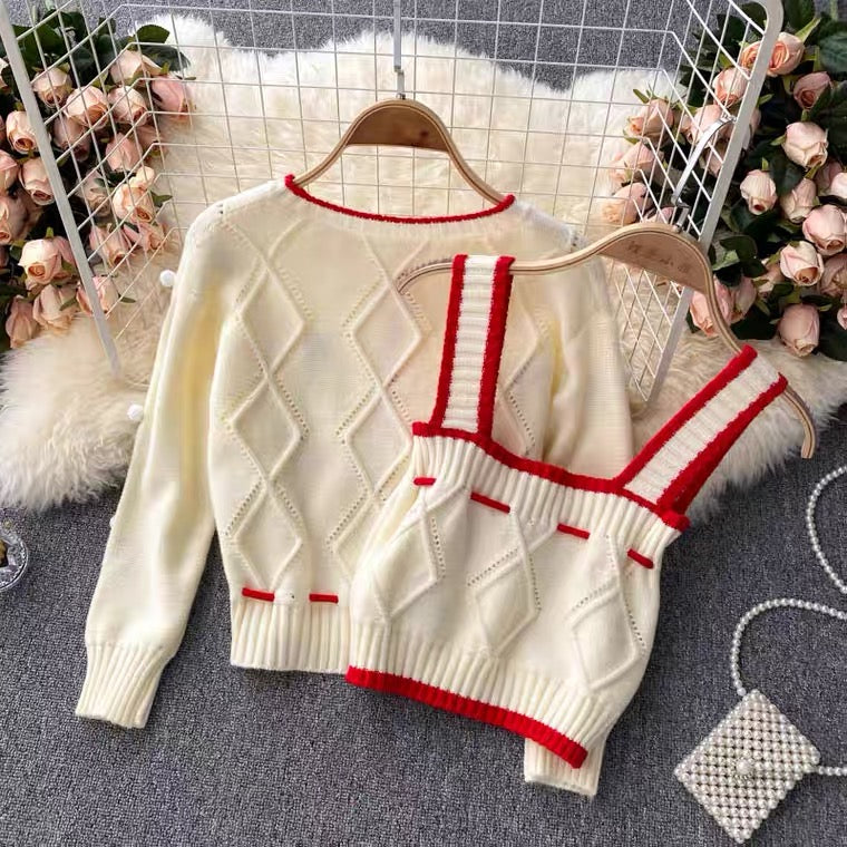 Knit cardigan, vintage, embroider flower, loose long sleeve sweater, short paragraph spaghetti strap top, sweet two sets 1339