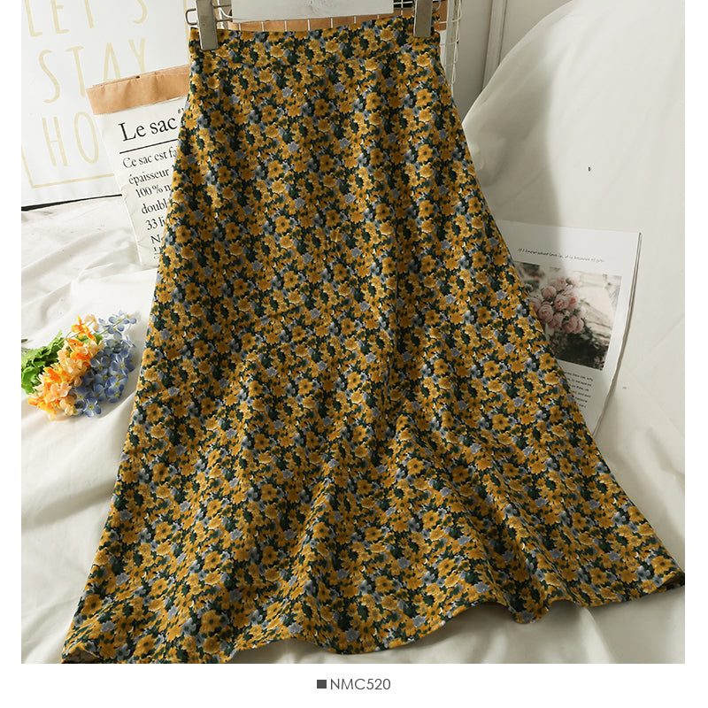 Hong Kong style retro floral medium length high waist A-line skirt  2533
