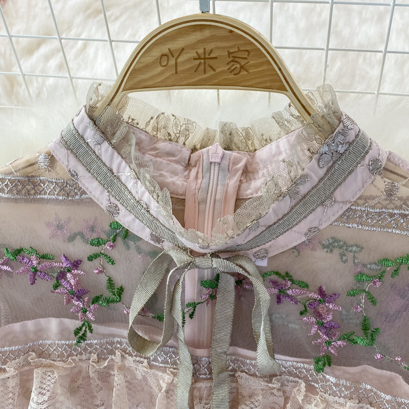 Light luxury stand collar embroidered lace dress  3370