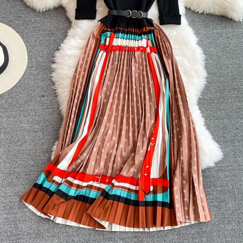 Stand neck knit patchwork contrast Pleated Dress  3355