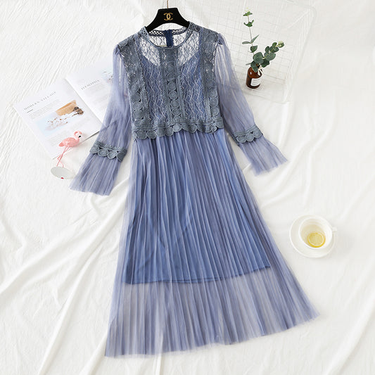 Robe en maille cousue en dentelle pour femme, ensemble deux pièces avec jupe à bretelles super féerique 2449