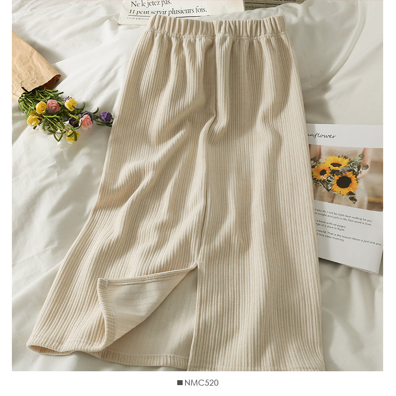 Hong Kong style retro vertical stripe elastic waist medium length skirt  2494