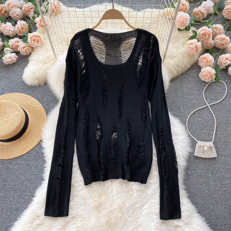 Wool sweater feminine V-neck hollow hole sweater  1594