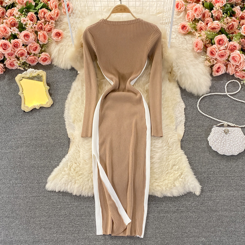 Round neck long sleeve split medium long stretch tight knit dress  3381