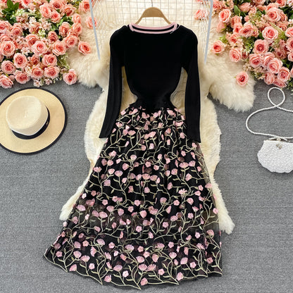 Mesh embroidered dress elegant temperament big swing skirt  2913