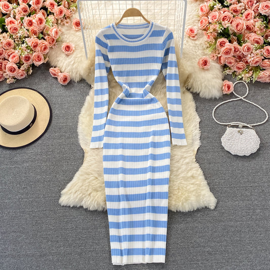 Elastic tight round neck Long Sleeve Striped knitted dress  2853