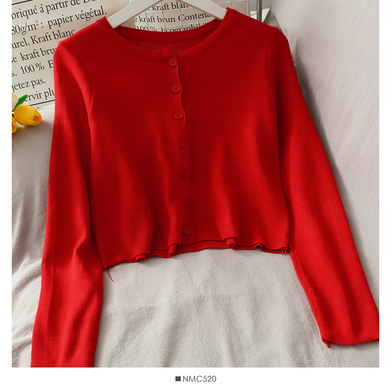 Net red same single breasted short slim fitting long sleeve knitted cardigan  1694