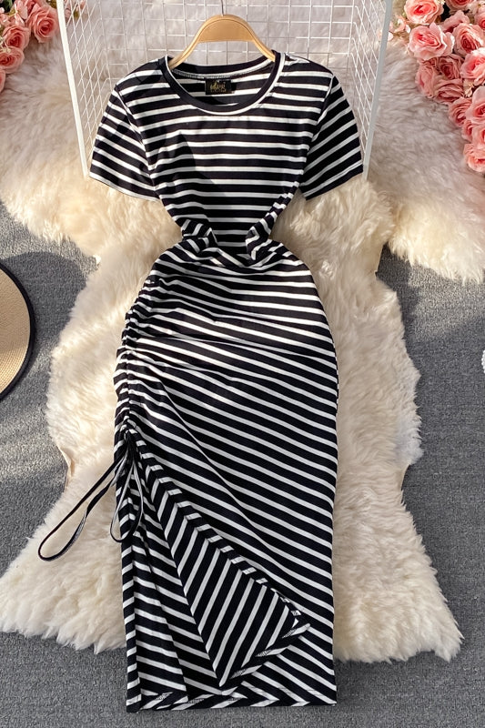 Slim fit waist closing casual side drawcord knee slit stripe dress  1686