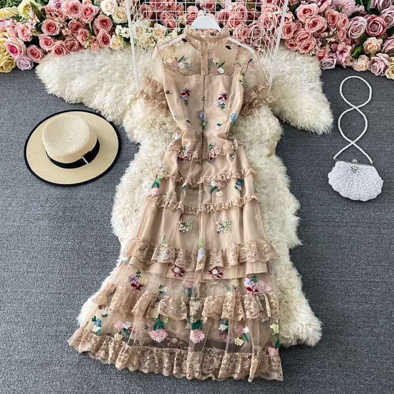 Mesh embroidery flower lace cake skirt dress  3178