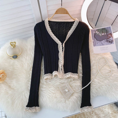 Vintage Knitted Top Women's autumn V-neck lace  1595