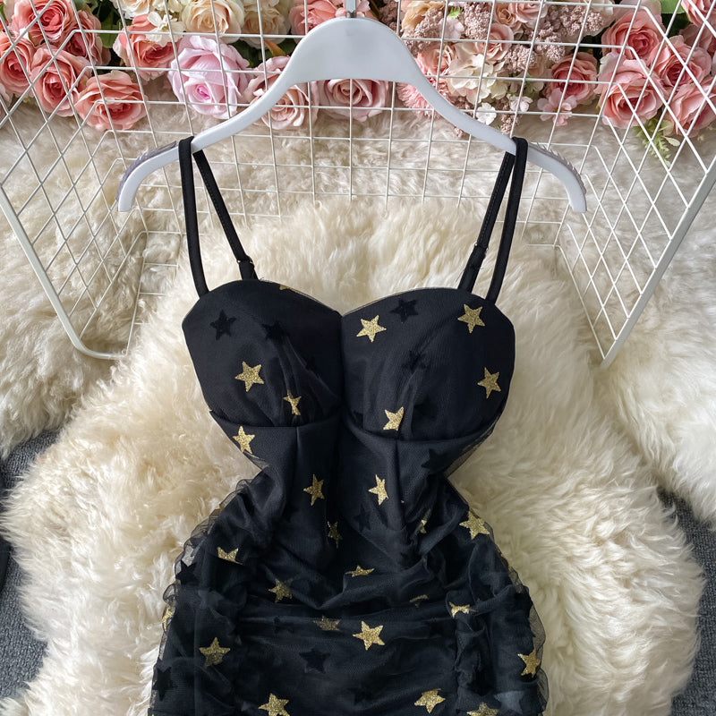 Star mesh splicing suspender Hip Wrap Skirt pleated strapless dress  3032