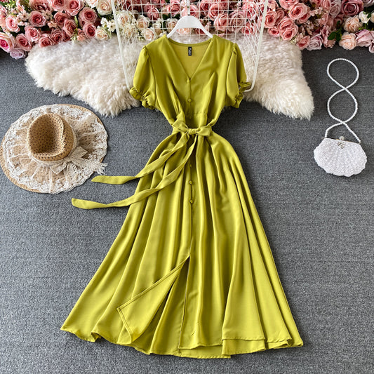 French Retro Rotes V-Ausschnitt Kleid mit Blasenärmeln 3184