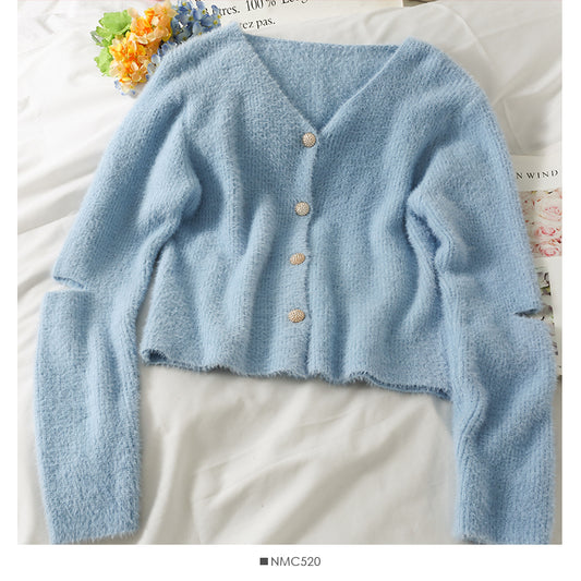 Sweater women's autumn wear broken copper long sleeve single breasted cardigan top  2004