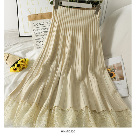 New lace stitched vertical stripe elastic waist slim skirt  2626