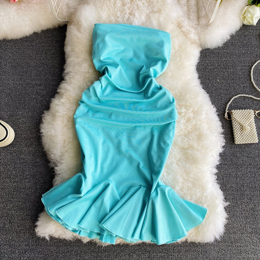 Light mature style sexy one shoulder strapless dress  3035