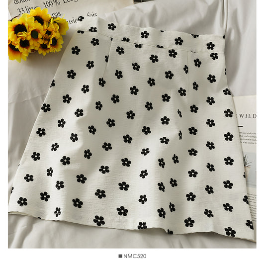 Hong Kong style retro bow printed high waist anti light A-line skirt  2621