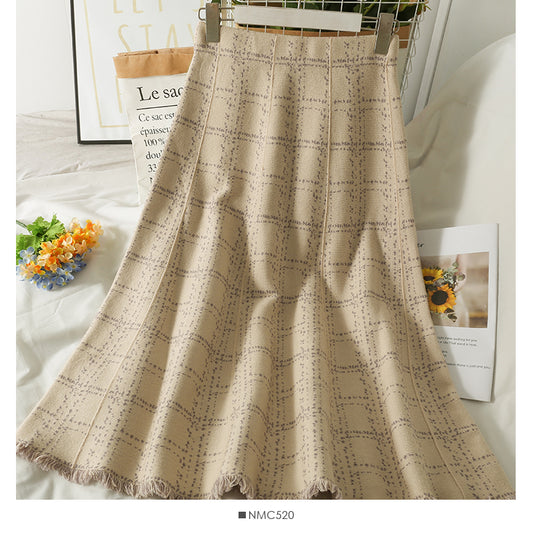 Slim Plaid medium length skirt with tassel Knit Skirt  2586