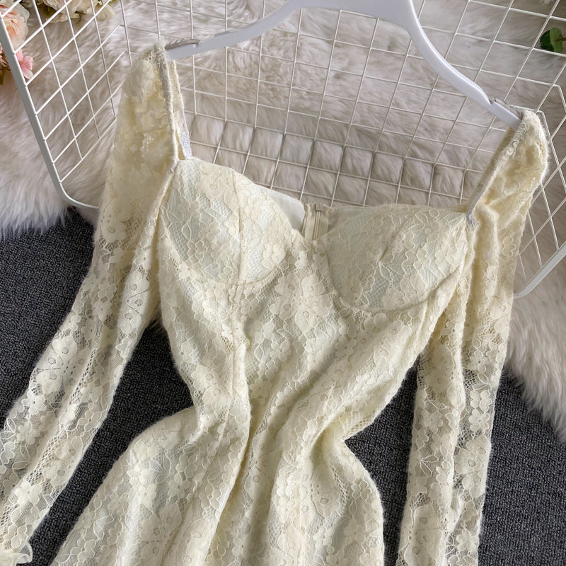 Waistband square neck long sleeve Lace Panel Ruffle Dress  3148