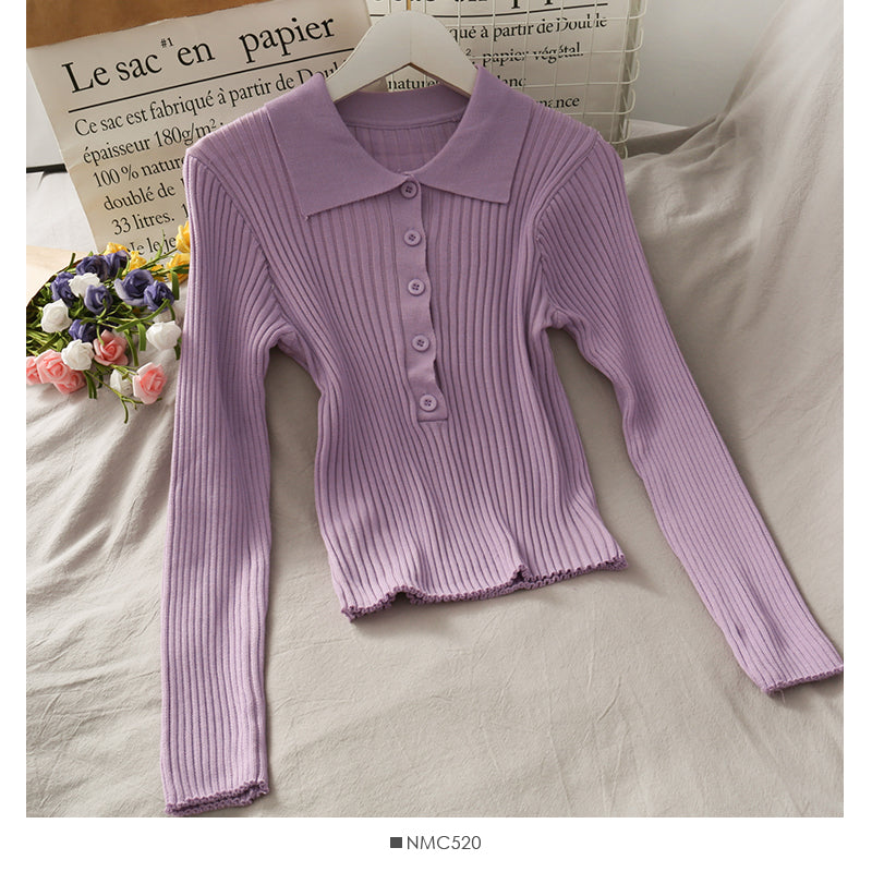 Korean solid color versatile breasted Lapel tight knit women's shirt  1842